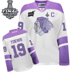 Women's Authentic Chicago Blackhawks Jonathan Toews White/Purple Thanksgiving 2015 Stanley Cup Official Reebok Jersey