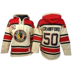 Chicago Blackhawks Corey Crawford Official White Old Time Hockey Premier Adult Sawyer Hooded Sweatshirt Jersey