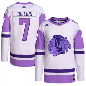 Youth Authentic Chicago Blackhawks Chris Chelios White/Purple Hockey Fights Cancer Primegreen Official Adidas Jersey