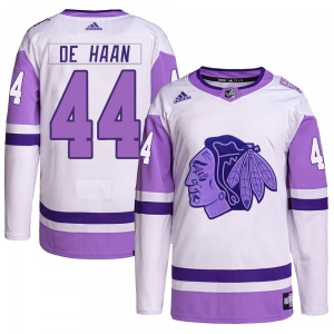 Youth Authentic Chicago Blackhawks Calvin de Haan White/Purple Hockey Fights Cancer Primegreen Official Adidas Jersey