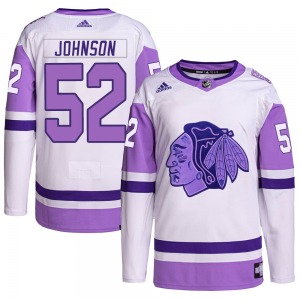 Youth Authentic Chicago Blackhawks Reese Johnson White/Purple Hockey Fights Cancer Primegreen Official Adidas Jersey