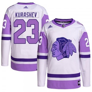 Youth Authentic Chicago Blackhawks Philipp Kurashev White/Purple Hockey Fights Cancer Primegreen Official Adidas Jersey