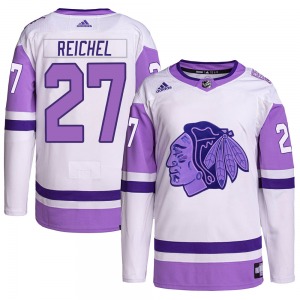 Youth Authentic Chicago Blackhawks Lukas Reichel White/Purple Hockey Fights Cancer Primegreen Official Adidas Jersey
