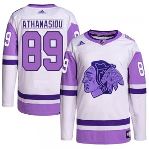 Adult Authentic Chicago Blackhawks Andreas Athanasiou White/Purple Hockey Fights Cancer Primegreen Official Adidas Jersey
