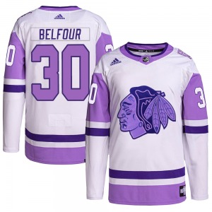 Adult Authentic Chicago Blackhawks ED Belfour White/Purple Hockey Fights Cancer Primegreen Official Adidas Jersey