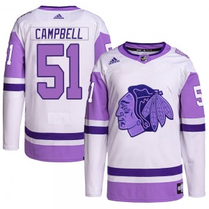 Adult Authentic Chicago Blackhawks Brian Campbell White/Purple Hockey Fights Cancer Primegreen Official Adidas Jersey