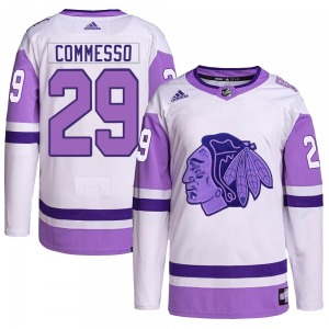 Adult Authentic Chicago Blackhawks Drew Commesso White/Purple Hockey Fights Cancer Primegreen Official Adidas Jersey