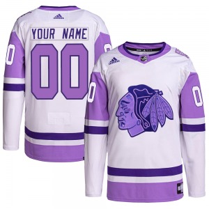 Adult Authentic Chicago Blackhawks Custom White/Purple Custom Hockey Fights Cancer Primegreen Official Adidas Jersey