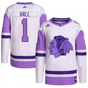 Adult Authentic Chicago Blackhawks Glenn Hall White/Purple Hockey Fights Cancer Primegreen Official Adidas Jersey