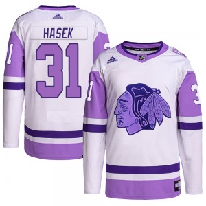 Adult Authentic Chicago Blackhawks Dominik Hasek White/Purple Hockey Fights Cancer Primegreen Official Adidas Jersey