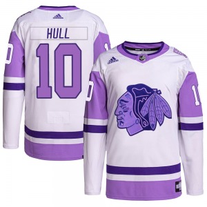 Adult Authentic Chicago Blackhawks Dennis Hull White/Purple Hockey Fights Cancer Primegreen Official Adidas Jersey