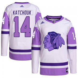 Adult Authentic Chicago Blackhawks Boris Katchouk White/Purple Hockey Fights Cancer Primegreen Official Adidas Jersey
