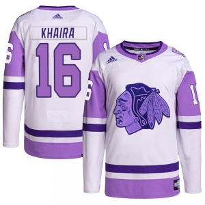 Adult Authentic Chicago Blackhawks Jujhar Khaira White/Purple Hockey Fights Cancer Primegreen Official Adidas Jersey