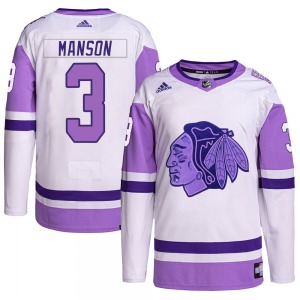 Adult Authentic Chicago Blackhawks Dave Manson White/Purple Hockey Fights Cancer Primegreen Official Adidas Jersey
