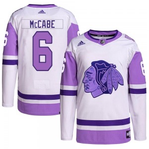 Adult Authentic Chicago Blackhawks Jake McCabe White/Purple Hockey Fights Cancer Primegreen Official Adidas Jersey