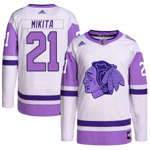 Adult Authentic Chicago Blackhawks Stan Mikita White/Purple Hockey Fights Cancer Primegreen Official Adidas Jersey