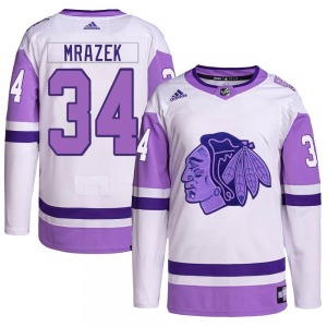 Adult Authentic Chicago Blackhawks Petr Mrazek White/Purple Hockey Fights Cancer Primegreen Official Adidas Jersey