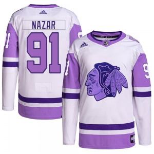 Adult Authentic Chicago Blackhawks Frank Nazar White/Purple Hockey Fights Cancer Primegreen Official Adidas Jersey