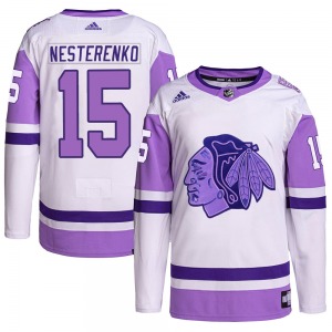 Adult Authentic Chicago Blackhawks Eric Nesterenko White/Purple Hockey Fights Cancer Primegreen Official Adidas Jersey
