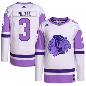 Adult Authentic Chicago Blackhawks Pierre Pilote White/Purple Hockey Fights Cancer Primegreen Official Adidas Jersey