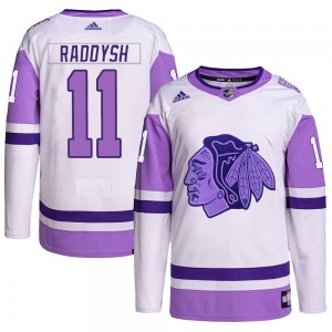 Adult Authentic Chicago Blackhawks Taylor Raddysh White/Purple Hockey Fights Cancer Primegreen Official Adidas Jersey