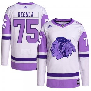Adult Authentic Chicago Blackhawks Alec Regula White/Purple Hockey Fights Cancer Primegreen Official Adidas Jersey