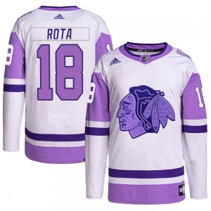 Adult Authentic Chicago Blackhawks Darcy Rota White/Purple Hockey Fights Cancer Primegreen Official Adidas Jersey
