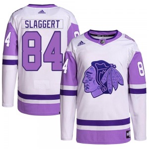Adult Authentic Chicago Blackhawks Landon Slaggert White/Purple Hockey Fights Cancer Primegreen Official Adidas Jersey