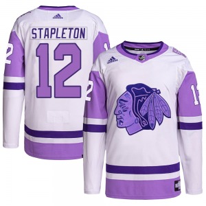 Adult Authentic Chicago Blackhawks Pat Stapleton White/Purple Hockey Fights Cancer Primegreen Official Adidas Jersey