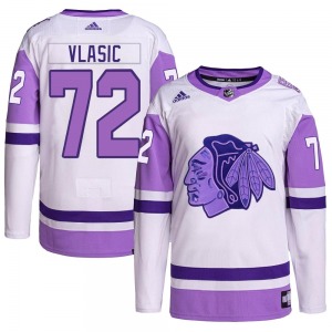 Adult Authentic Chicago Blackhawks Alex Vlasic White/Purple Hockey Fights Cancer Primegreen Official Adidas Jersey