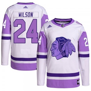 Adult Authentic Chicago Blackhawks Doug Wilson White/Purple Hockey Fights Cancer Primegreen Official Adidas Jersey