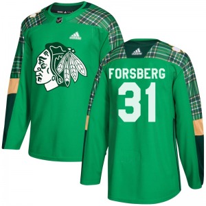 Adult Authentic Chicago Blackhawks Anton Forsberg Green St. Patrick's Day Practice Official Adidas Jersey
