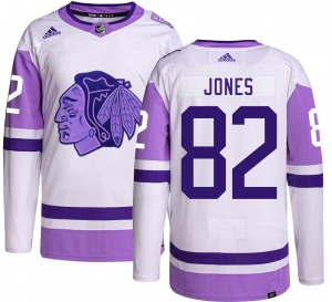 Adult Authentic Chicago Blackhawks Caleb Jones Hockey Fights Cancer Official Adidas Jersey