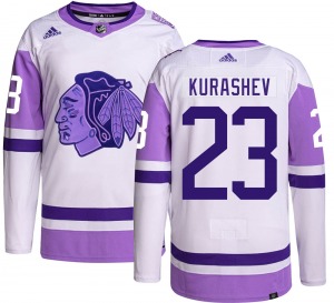Adult Authentic Chicago Blackhawks Philipp Kurashev Hockey Fights Cancer Official Adidas Jersey