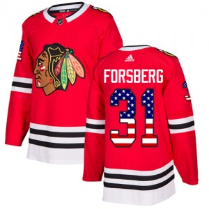 Adult Authentic Chicago Blackhawks Anton Forsberg Red USA Flag Fashion Official Adidas Jersey