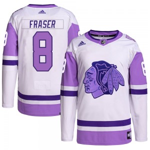 Youth Authentic Chicago Blackhawks Curt Fraser White/Purple Hockey Fights Cancer Primegreen Official Adidas Jersey