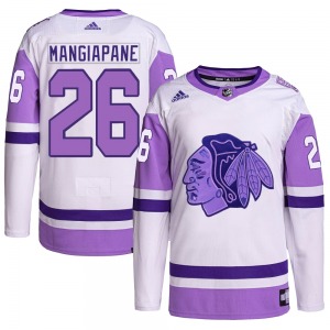 Youth Authentic Chicago Blackhawks Andrew Mangiapane White/Purple Hockey Fights Cancer Primegreen Official Adidas Jersey