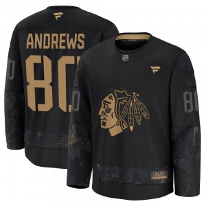 Youth Premium Chicago Blackhawks Zach Andrews Black 2024 Military Appreciation Practice Official Fanatics Jersey