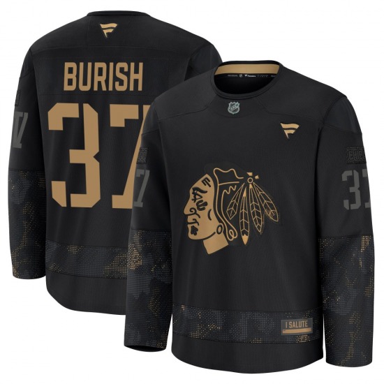Youth Premium Chicago Blackhawks Adam Burish Black 2024 Military Appreciation Practice Official Fanatics Jersey