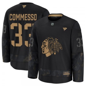 Youth Premium Chicago Blackhawks Drew Commesso Black 2024 Military Appreciation Practice Official Fanatics Jersey