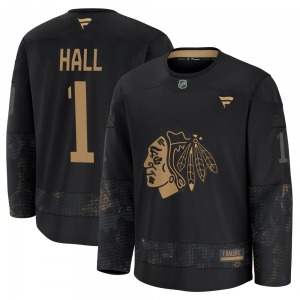 Youth Premium Chicago Blackhawks Glenn Hall Black 2024 Military Appreciation Practice Official Fanatics Jersey