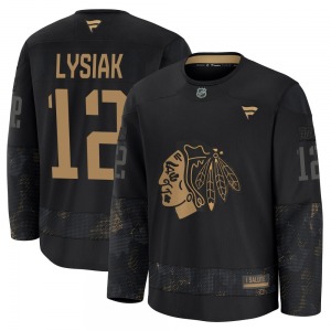 Youth Premium Chicago Blackhawks Tom Lysiak Black 2024 Military Appreciation Practice Official Fanatics Jersey