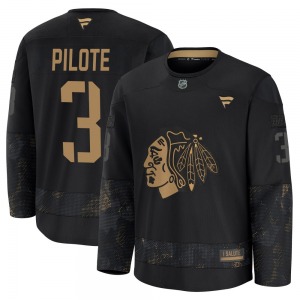 Youth Premium Chicago Blackhawks Pierre Pilote Black 2024 Military Appreciation Practice Official Fanatics Jersey