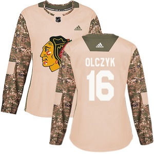 Women's Authentic Chicago Blackhawks Ed Olczyk Camo Veterans Day Practice Official Adidas Jersey