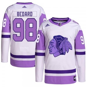 Adult Authentic Chicago Blackhawks Connor Bedard White/Purple Hockey Fights Cancer Primegreen Official Adidas Jersey