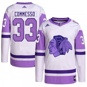 Adult Authentic Chicago Blackhawks Drew Commesso White/Purple Hockey Fights Cancer Primegreen Official Adidas Jersey