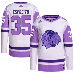 Adult Authentic Chicago Blackhawks Tony Esposito White/Purple Hockey Fights Cancer Primegreen Official Adidas Jersey
