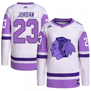 Adult Authentic Chicago Blackhawks Michael Jordan White/Purple Hockey Fights Cancer Primegreen Official Adidas Jersey