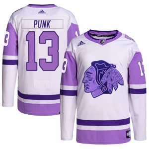 Adult Authentic Chicago Blackhawks CM Punk White/Purple Hockey Fights Cancer Primegreen Official Adidas Jersey