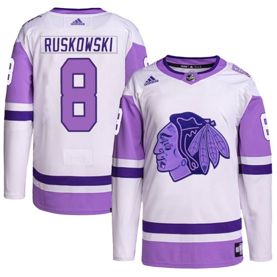 Adult Authentic Chicago Blackhawks Terry Ruskowski White/Purple Hockey Fights Cancer Primegreen Official Adidas Jersey